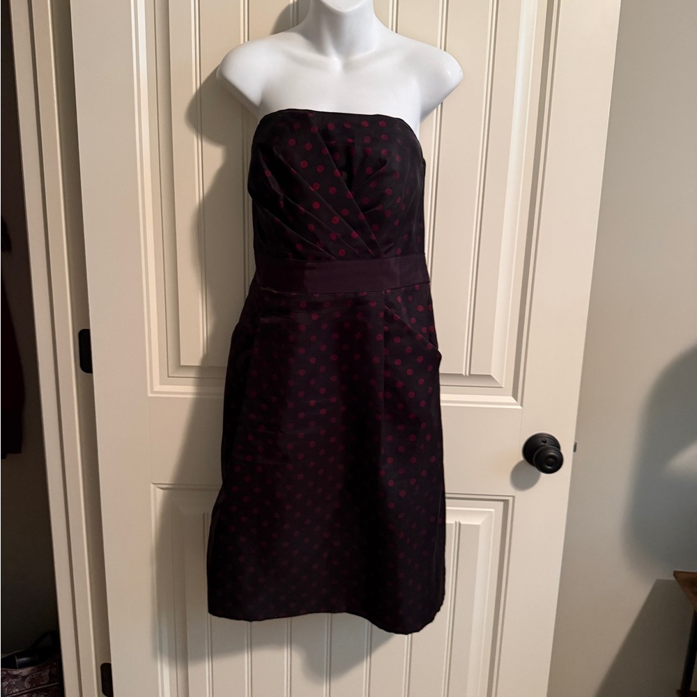 White House Black Market strapless  Black Dress with Maroon Dot Pattern
